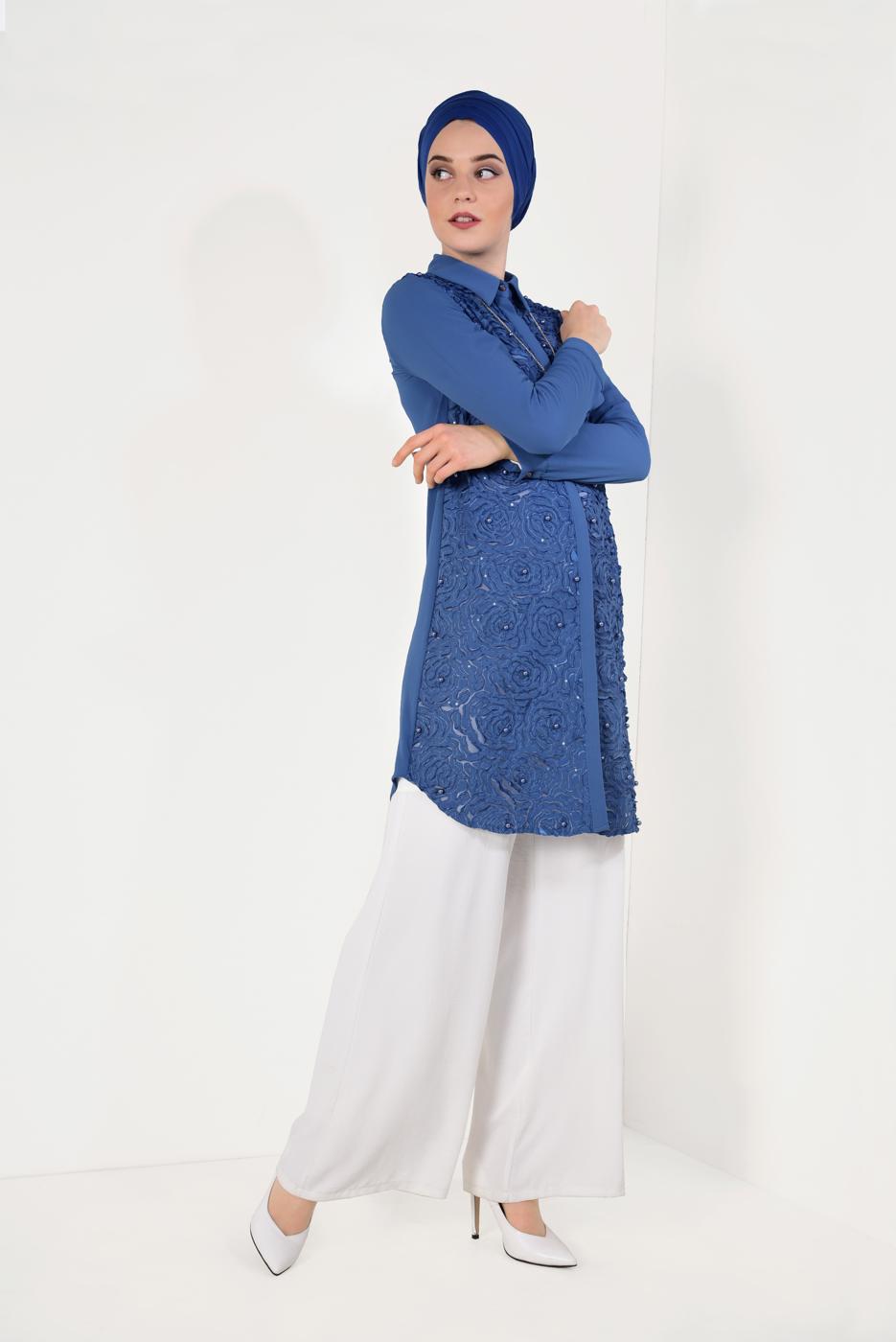 Tesettür giyim LACİVERT LAZER KESİM İNCİLİ TUNİK T 97281