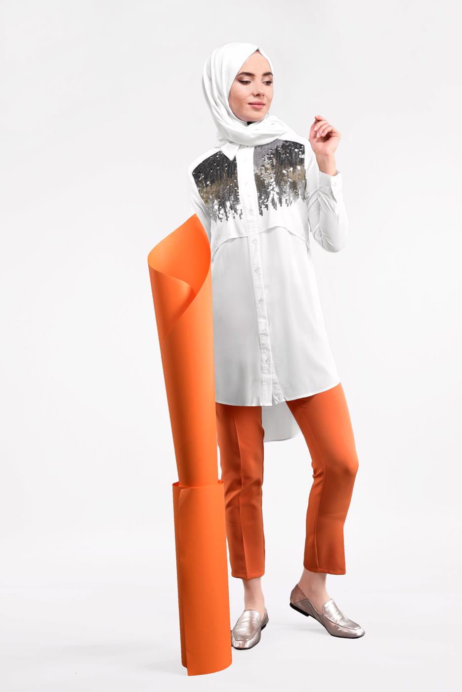 Tesettür giyim KREM RENKLİ PUL PAYETLİ TUNİK 0001