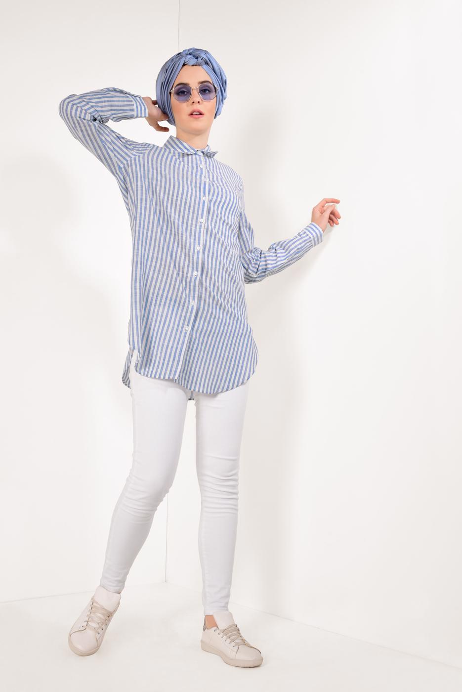 Tesettür giyim MAVİ ÇİZGİLİ TUNİK 0003