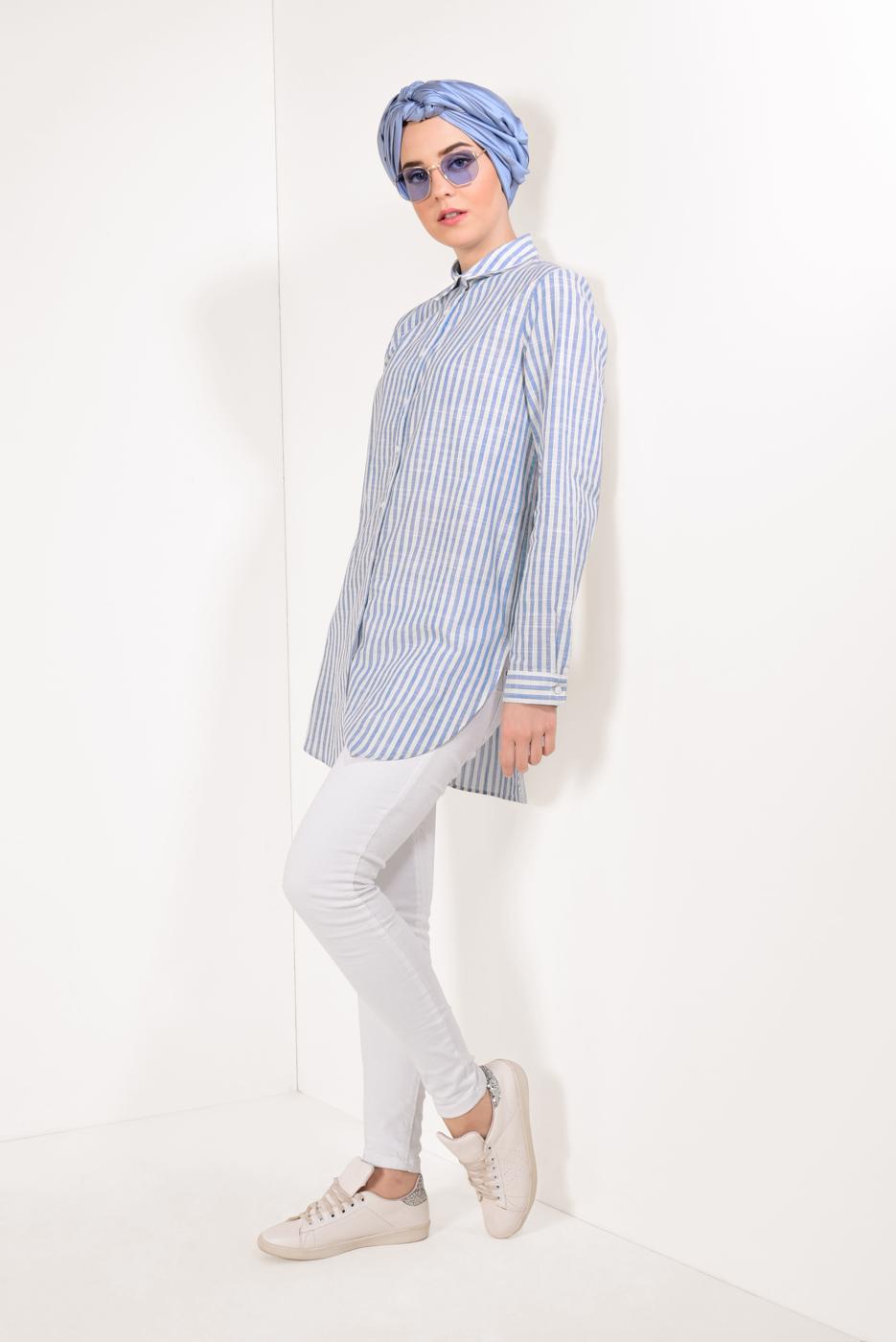 Tesettür giyim MAVİ ÇİZGİLİ TUNİK 0003