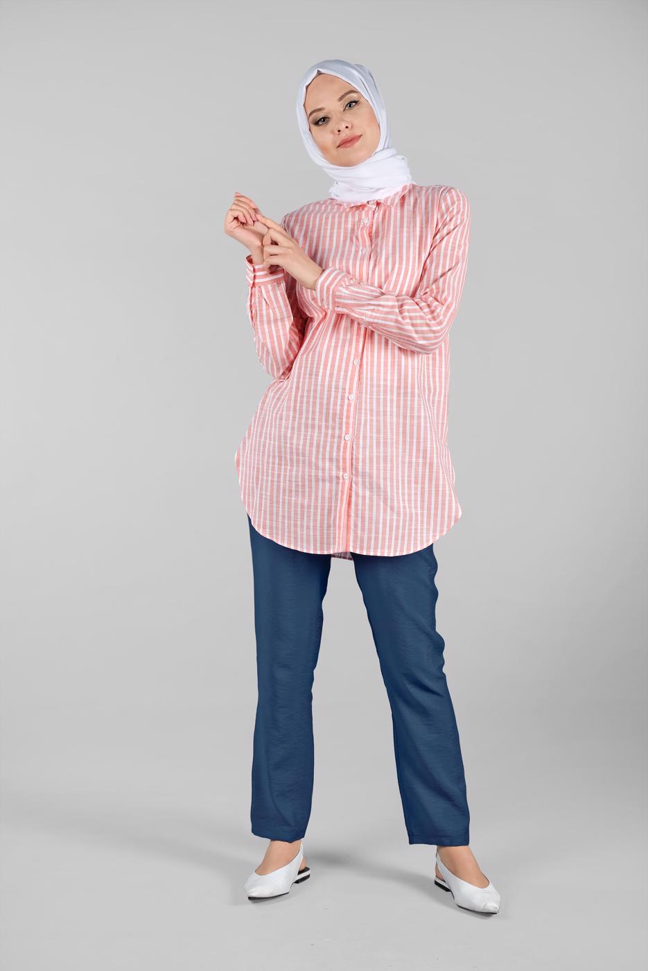 Tesettür giyim PUDRA ÇİZGİLİ TUNİK 0003