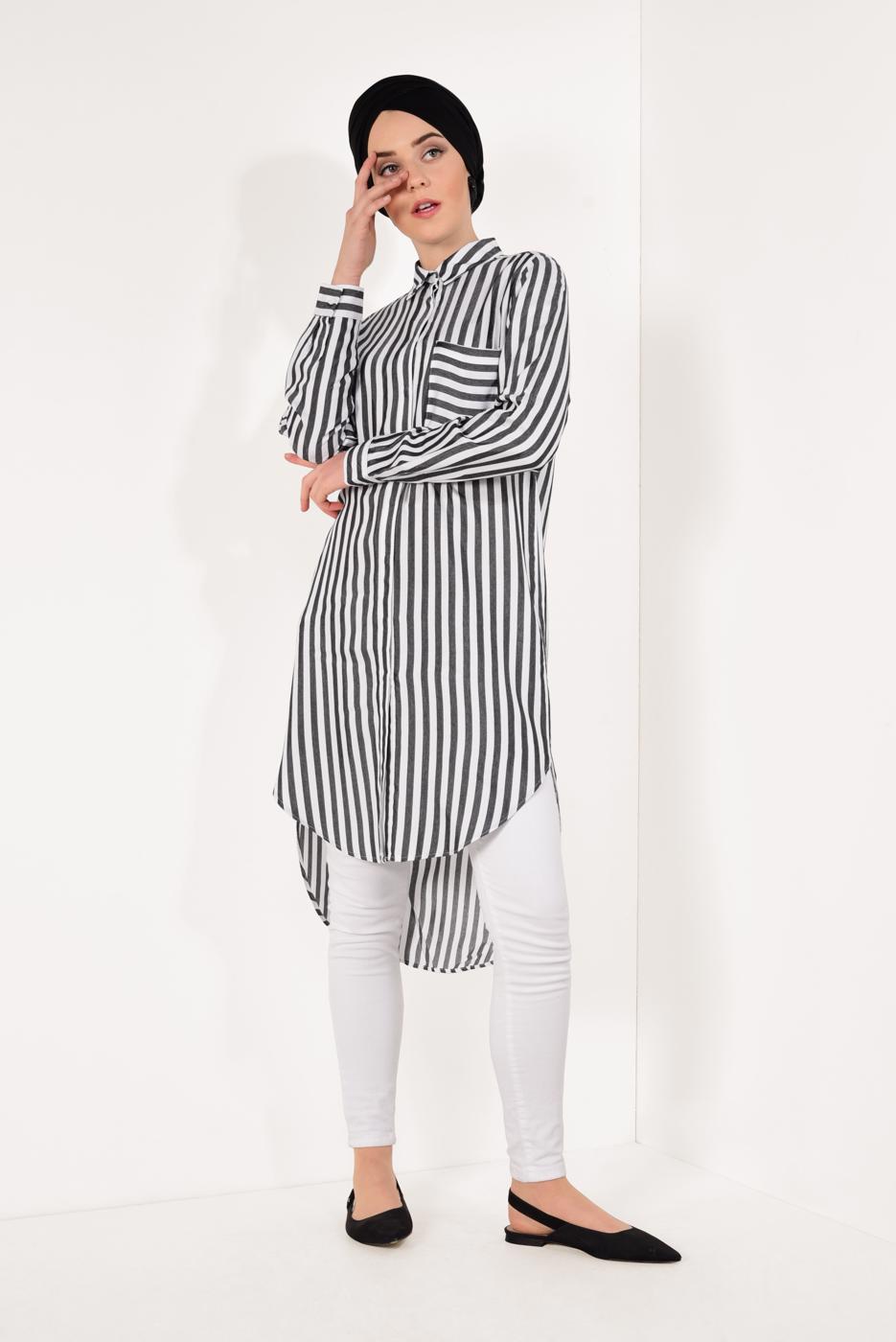 Tesettür giyim SİYAH CEP DETAYLI ÇİZGİLİ TUNİK T 0004 