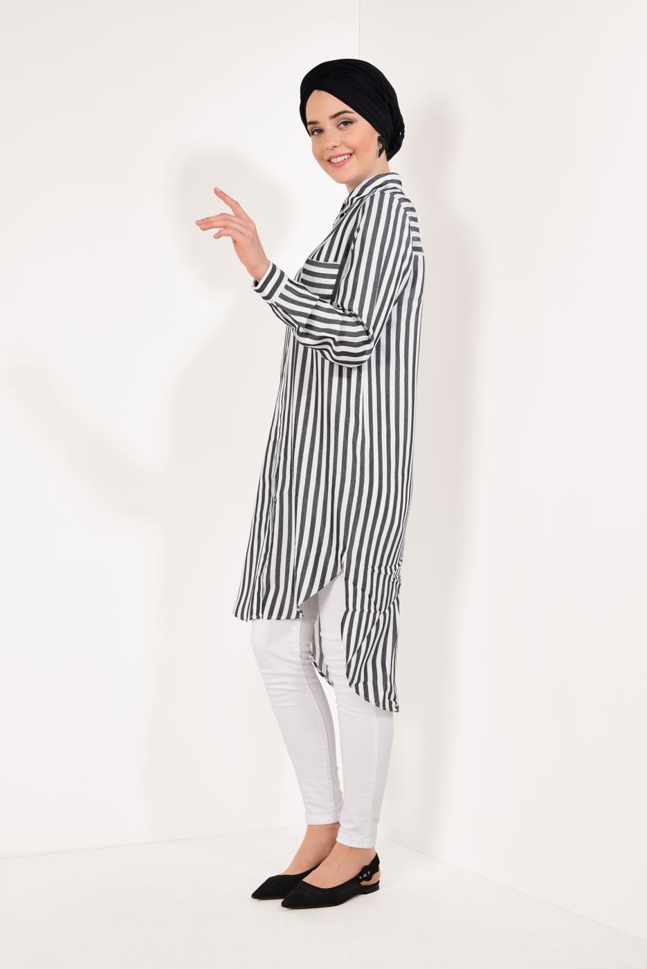 Tesettür giyim SİYAH CEP DETAYLI ÇİZGİLİ TUNİK T 0004 