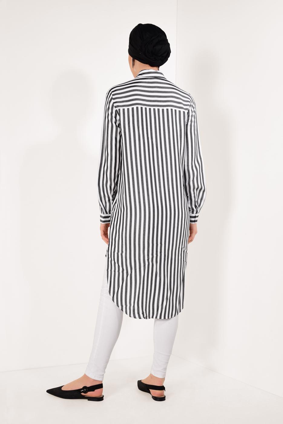 Tesettür giyim SİYAH CEP DETAYLI ÇİZGİLİ TUNİK T 0004 