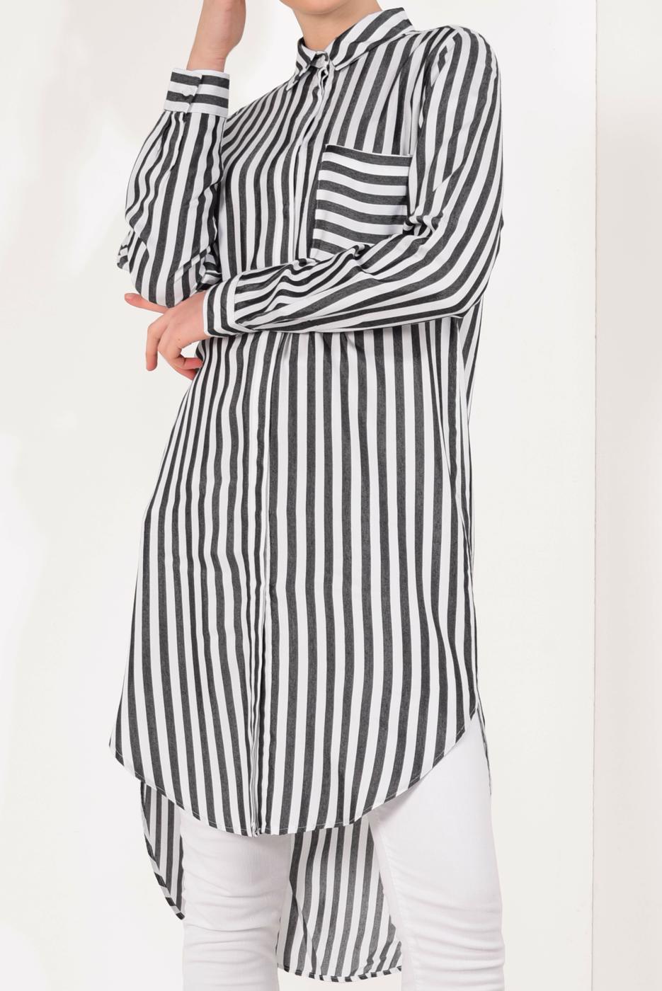 Tesettür giyim SİYAH CEP DETAYLI ÇİZGİLİ TUNİK T 0004 