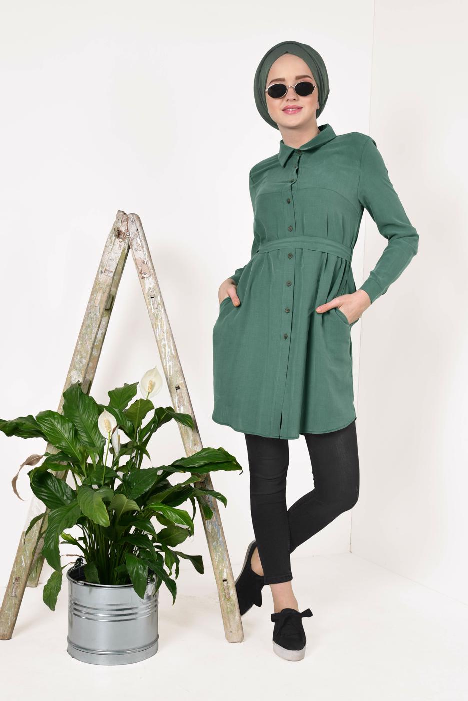 Tesettür giyim YEŞİL KUŞAK DETAYLI TENCEL TUNİK T 0006 
