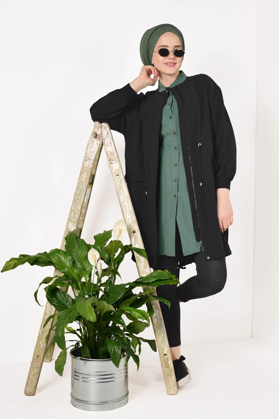Tesettür giyim YEŞİL KUŞAK DETAYLI TENCEL TUNİK T 0006 