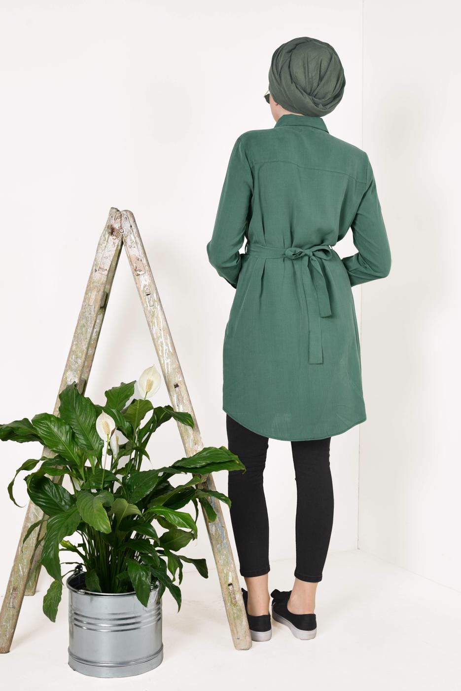Tesettür giyim YEŞİL KUŞAK DETAYLI TENCEL TUNİK T 0006 