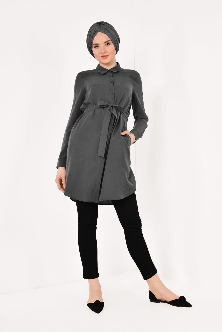 Tesettür giyim GRİ KUŞAK DETAYLI TENCEL TUNİK T 0006 
