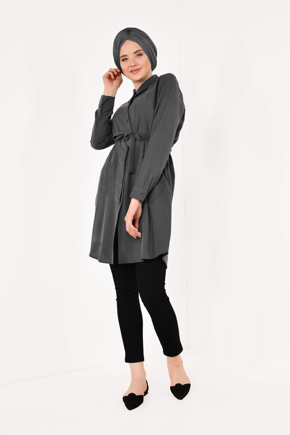 Tesettür giyim GRİ KUŞAK DETAYLI TENCEL TUNİK T 0006 