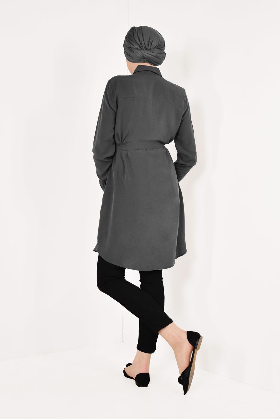Tesettür giyim GRİ KUŞAK DETAYLI TENCEL TUNİK T 0006 