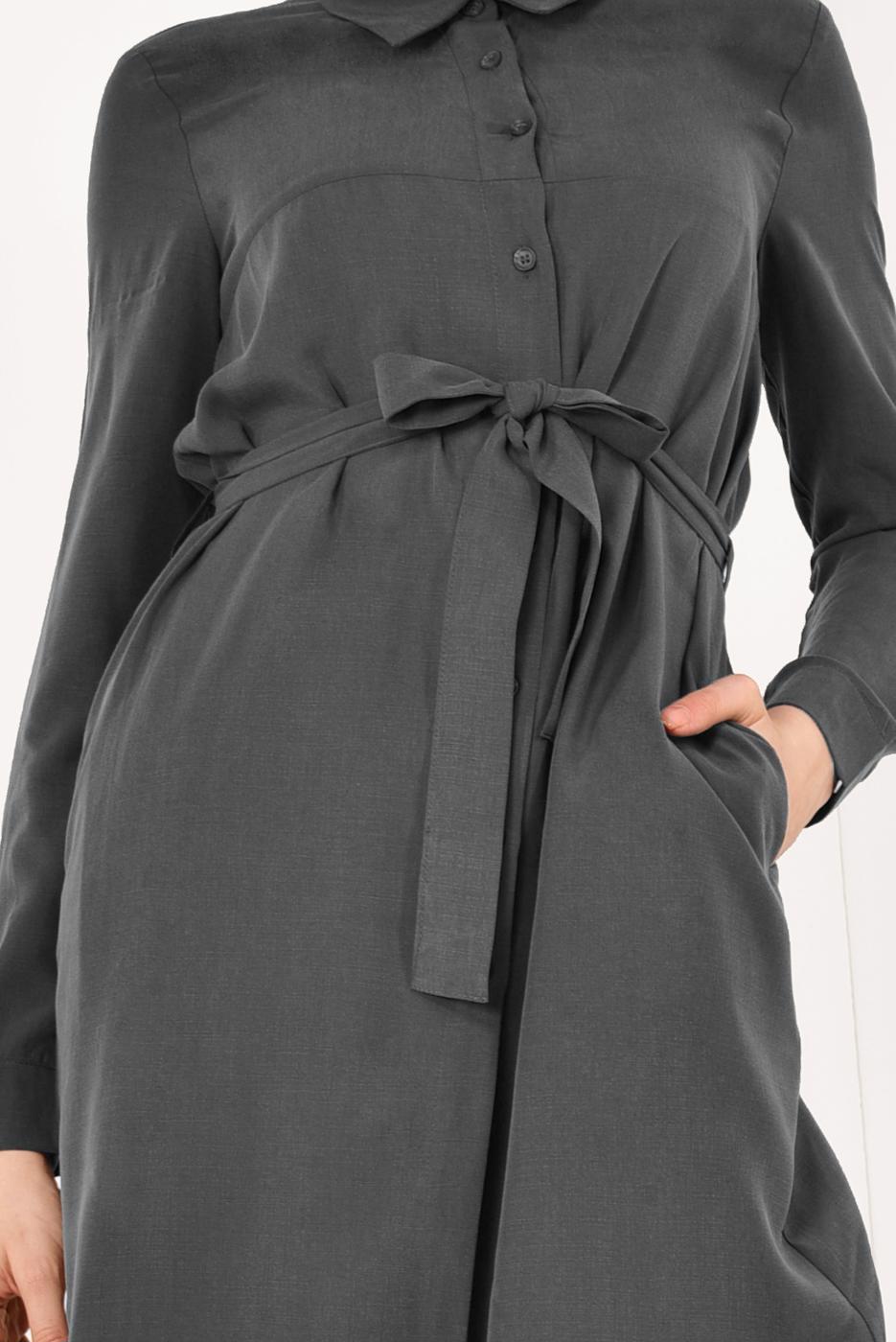 Tesettür giyim GRİ KUŞAK DETAYLI TENCEL TUNİK T 0006 