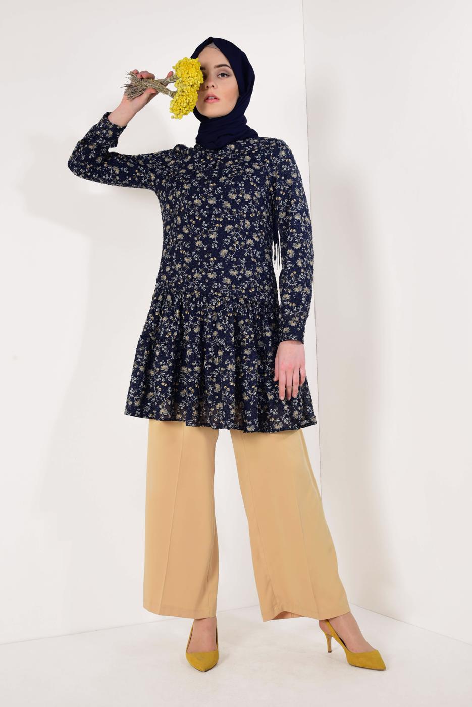 Tesettür giyim LACİVERT ETEK UCU FIRFIRLI ÇİÇEKLİ TUNİK T 0007