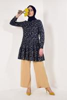 Tesettür giyim LACİVERT ETEK UCU FIRFIRLI ÇİÇEKLİ TUNİK T 0007