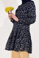 Tesettür giyim LACİVERT ETEK UCU FIRFIRLI ÇİÇEKLİ TUNİK T 0007