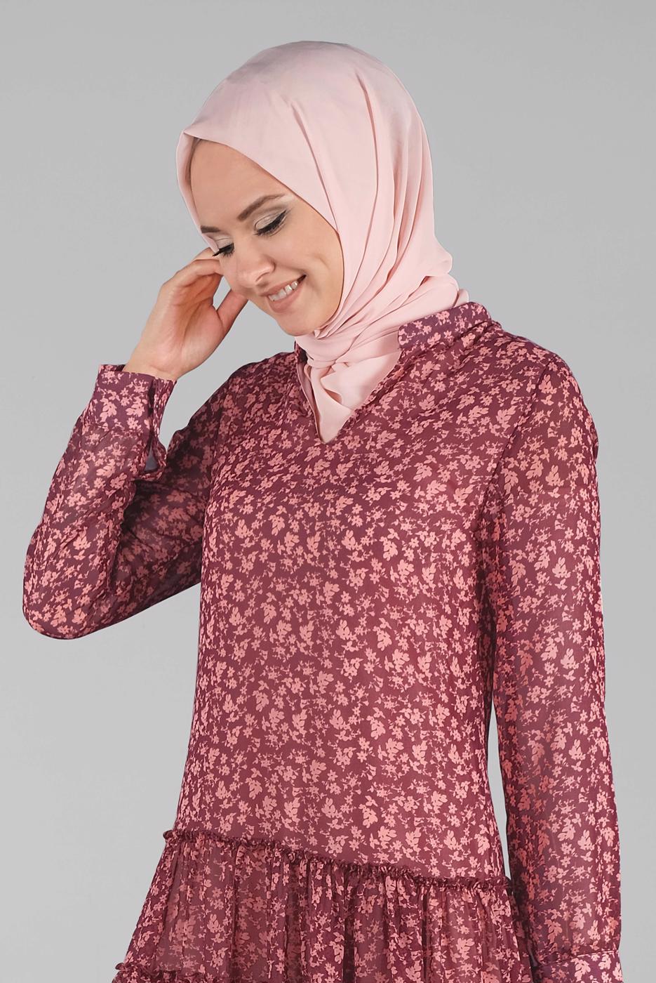 Tesettür giyim MERCAN ETEK UCU FIRFIRLI ÇİÇEKLİ TUNİK T 0007