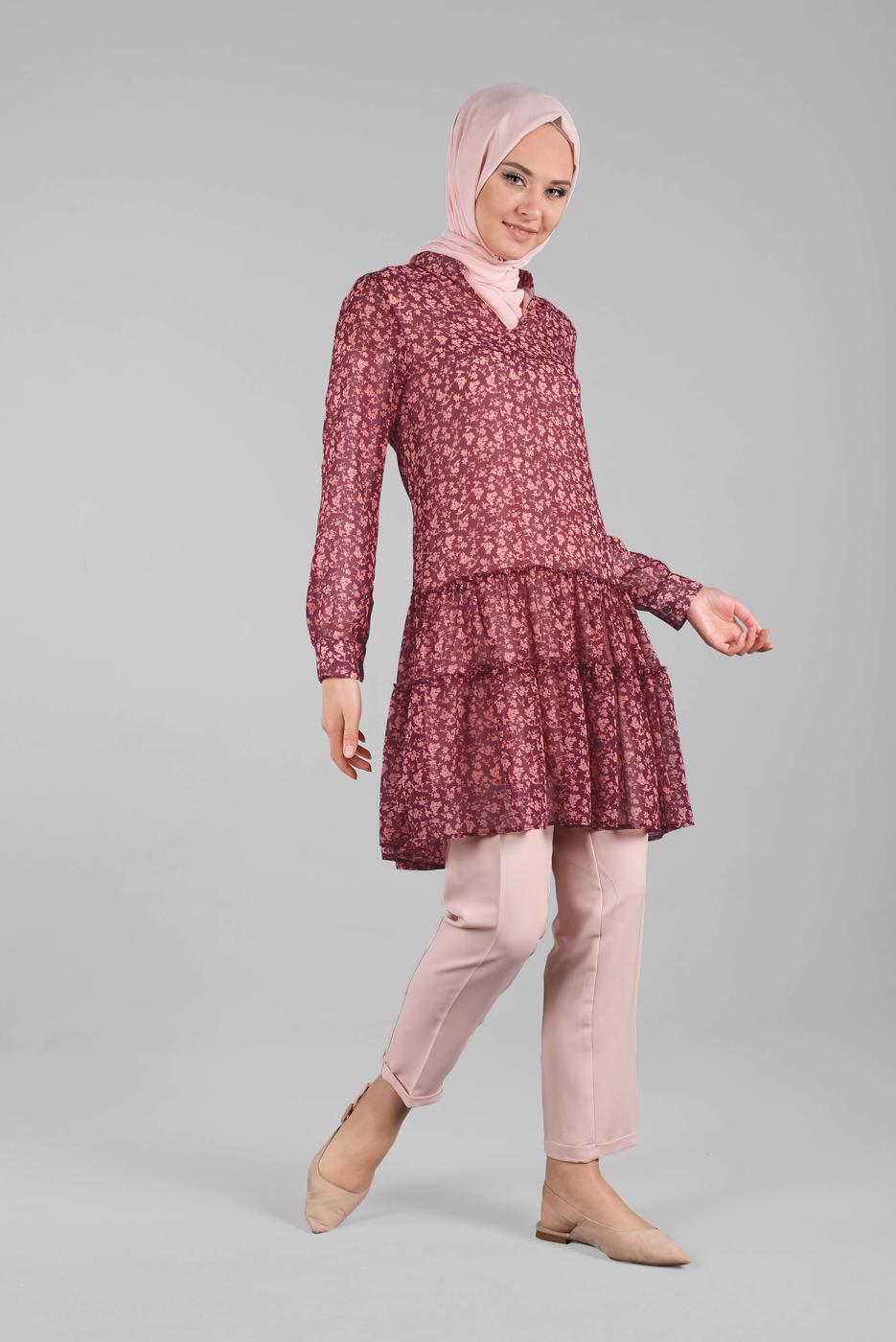 Tesettür giyim MERCAN ETEK UCU FIRFIRLI ÇİÇEKLİ TUNİK T 0007