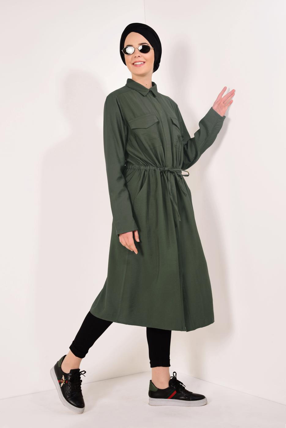 Tesettür giyim HAKİ BELDEN BÜZGÜLÜ CEP DETAYLI TUNİK 0008