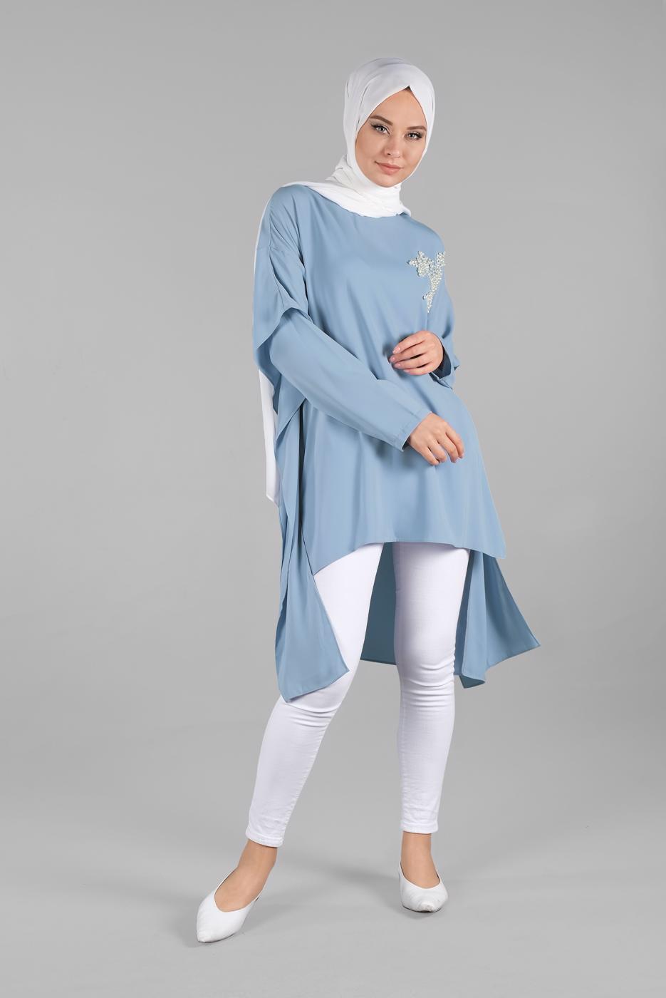 Hijab clothing BLUE Pearl Detail Asymmetric Cut Tunic T 0132