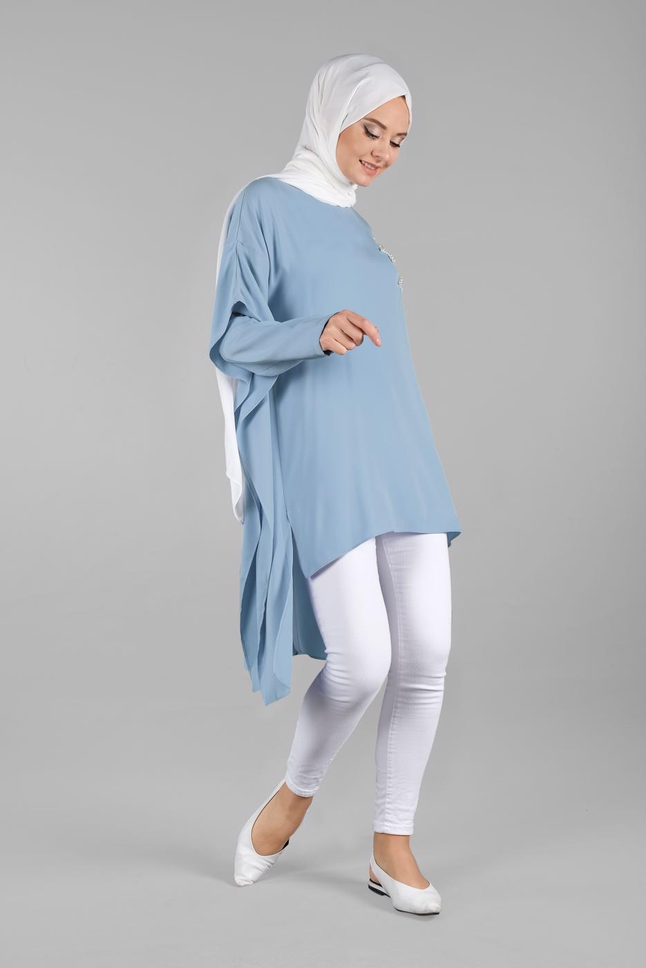 Hijab clothing BLUE Pearl Detail Asymmetric Cut Tunic T 0132