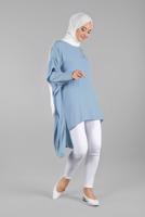 Hijab clothing BLUE Pearl Detail Asymmetric Cut Tunic T 0132