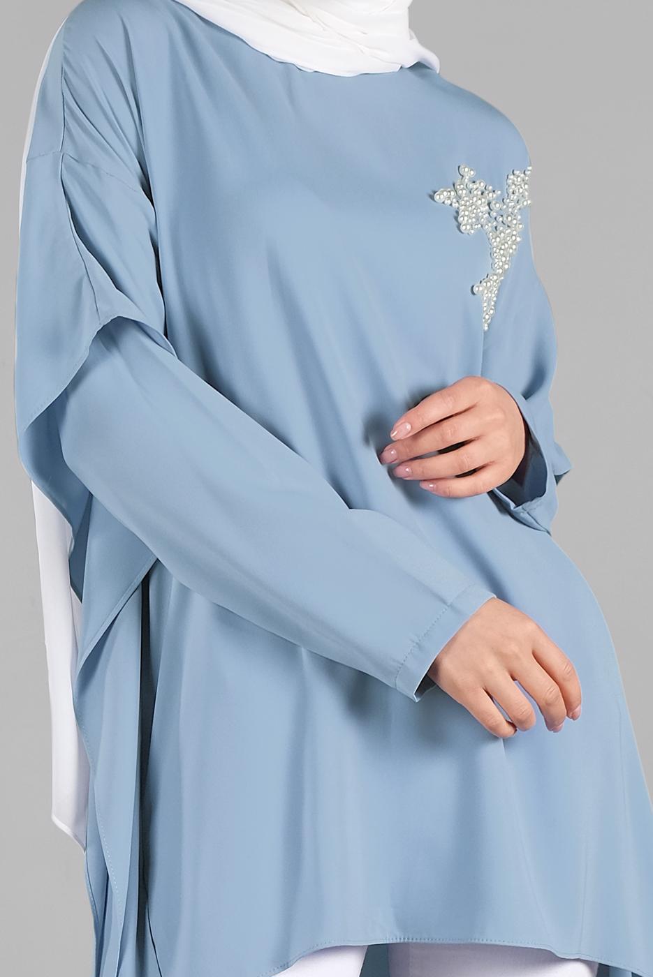 Hijab clothing BLUE Pearl Detail Asymmetric Cut Tunic T 0132