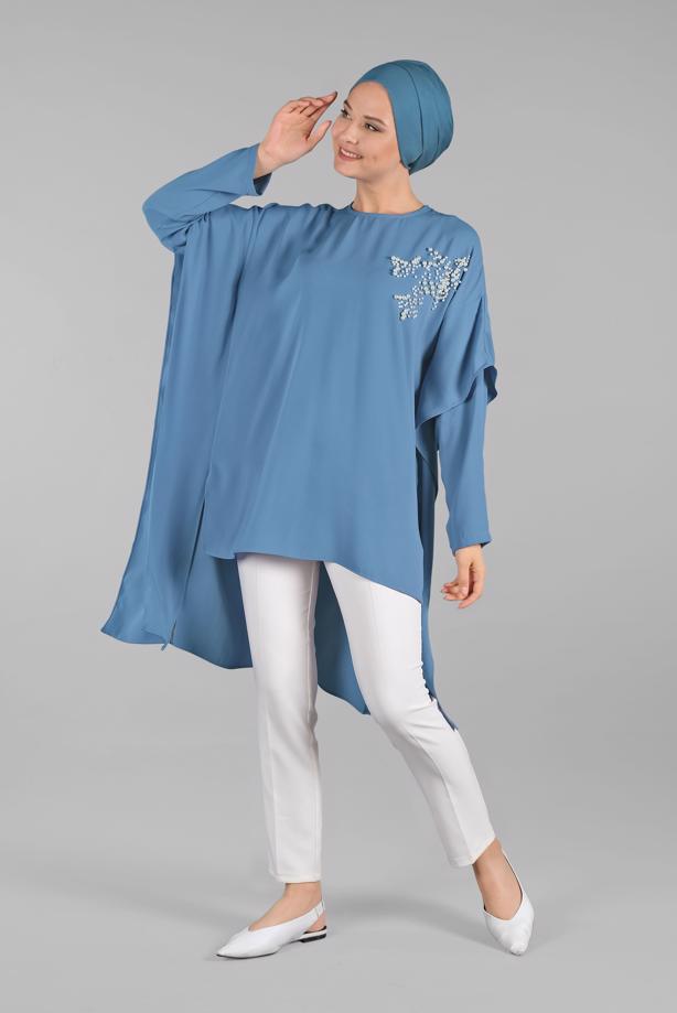 Vêtements hijab  Pearl Detail Asymmetric Cut Tunic T 0132 - TRENDTESETTÜR