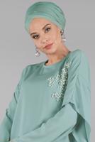 Hijab clothing GREEN Pearl Detail Asymmetric Cut Tunic T 0132