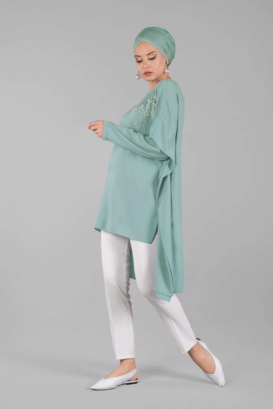 Hijab clothing GREEN Pearl Detail Asymmetric Cut Tunic T 0132