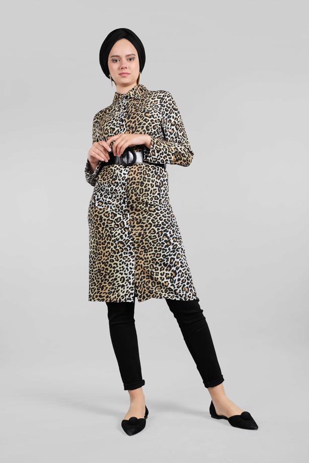 Vêtements hijab  Leopard Print Hidden Button Tunic T 322  - TRENDTESETTÜR