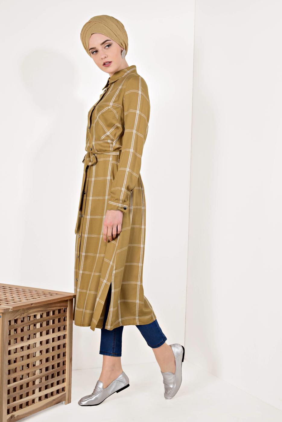 Tesettür giyim TURUNCU EKOSELİ YIRTMAÇ DETAYLI UZUN TUNİK T 0426