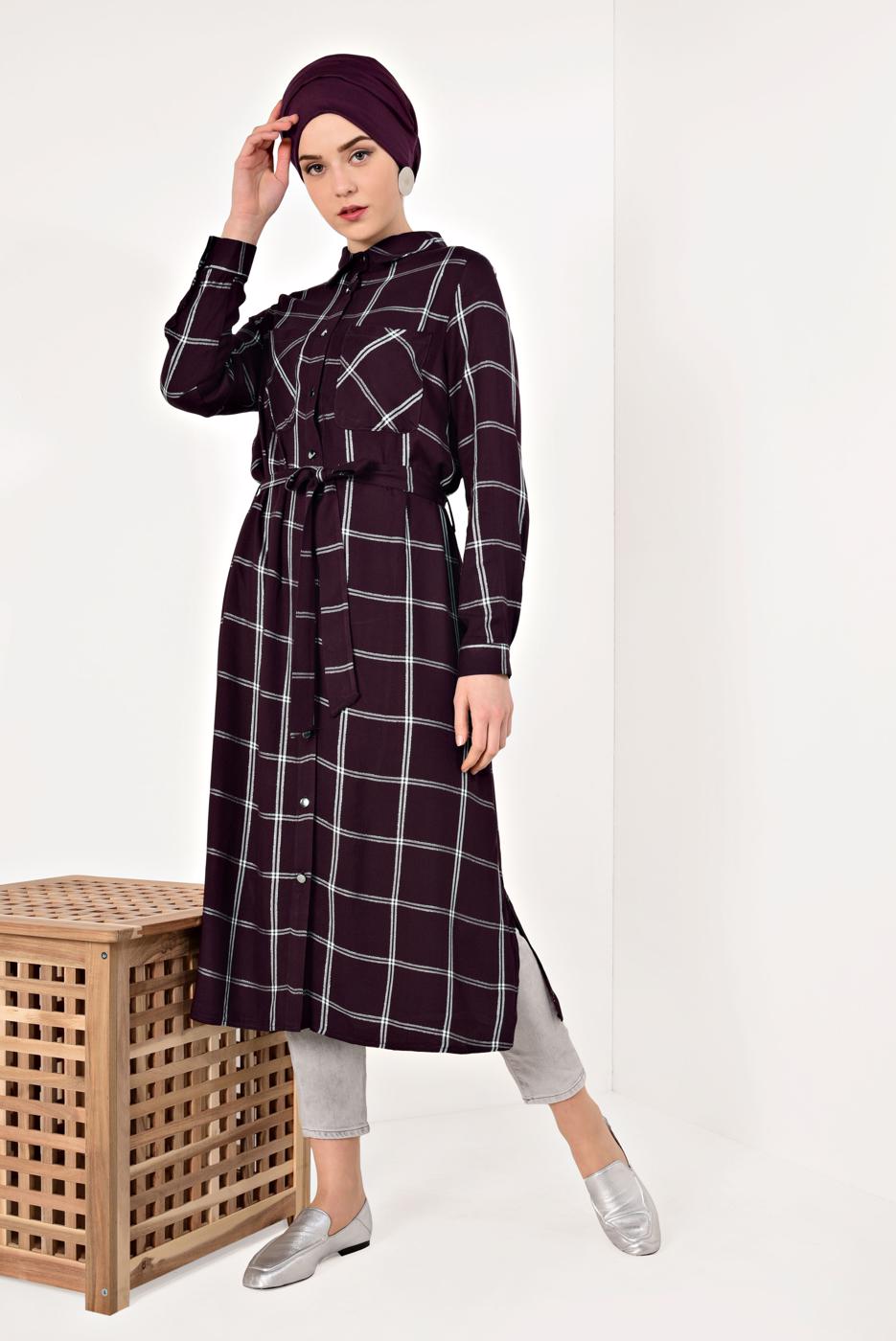 Tesettür giyim MÜRDÜM EKOSELİ YIRTMAÇ DETAYLI UZUN TUNİK T 0426