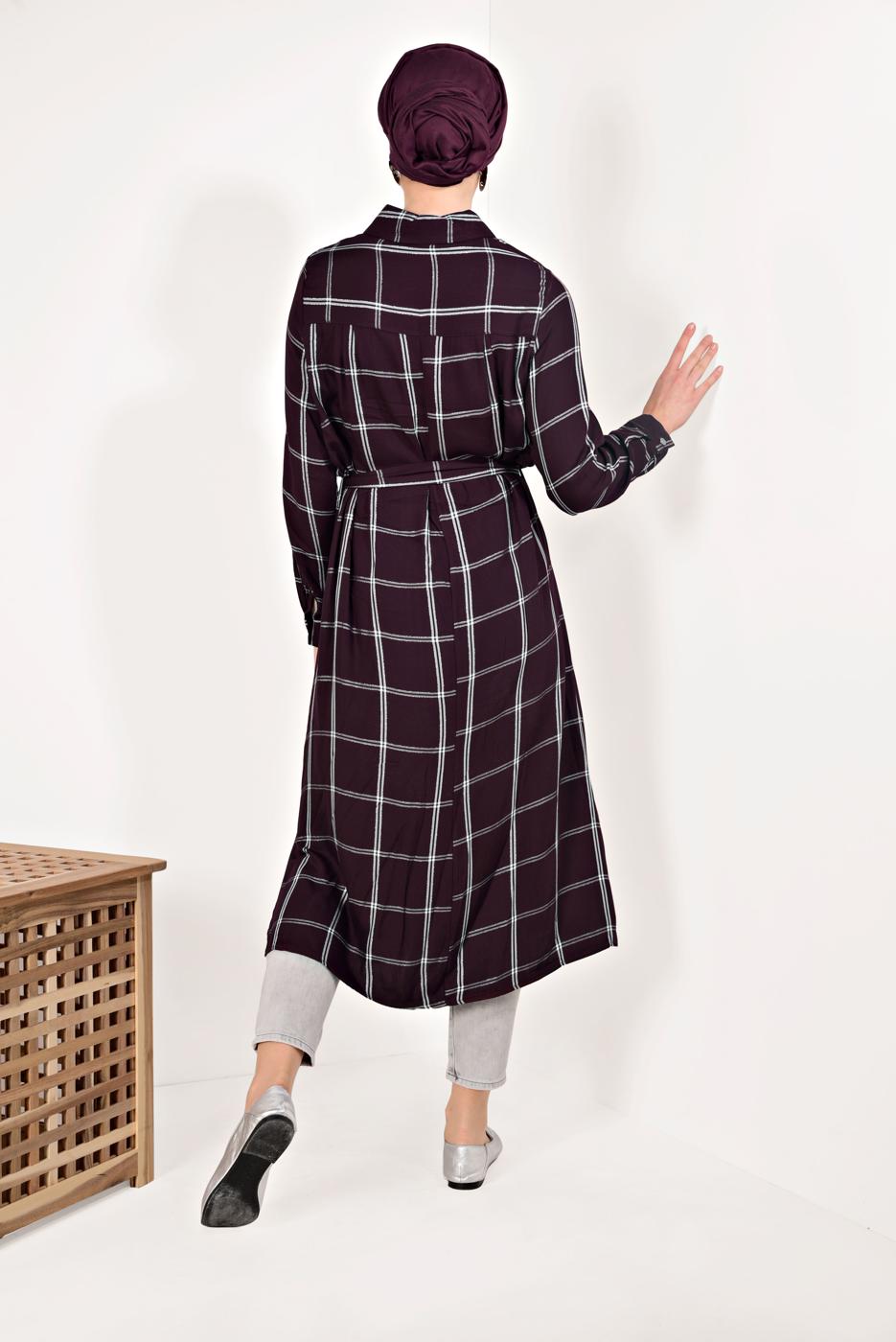 Tesettür giyim MÜRDÜM EKOSELİ YIRTMAÇ DETAYLI UZUN TUNİK T 0426