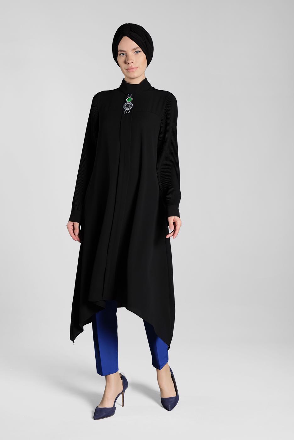 Tesettür giyim SİYAH FİTİLLİ KOL UZUN TUNİK 0722