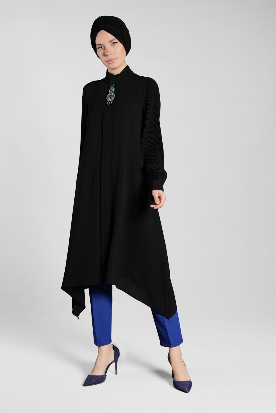 Tesettür giyim SİYAH FİTİLLİ KOL UZUN TUNİK 0722