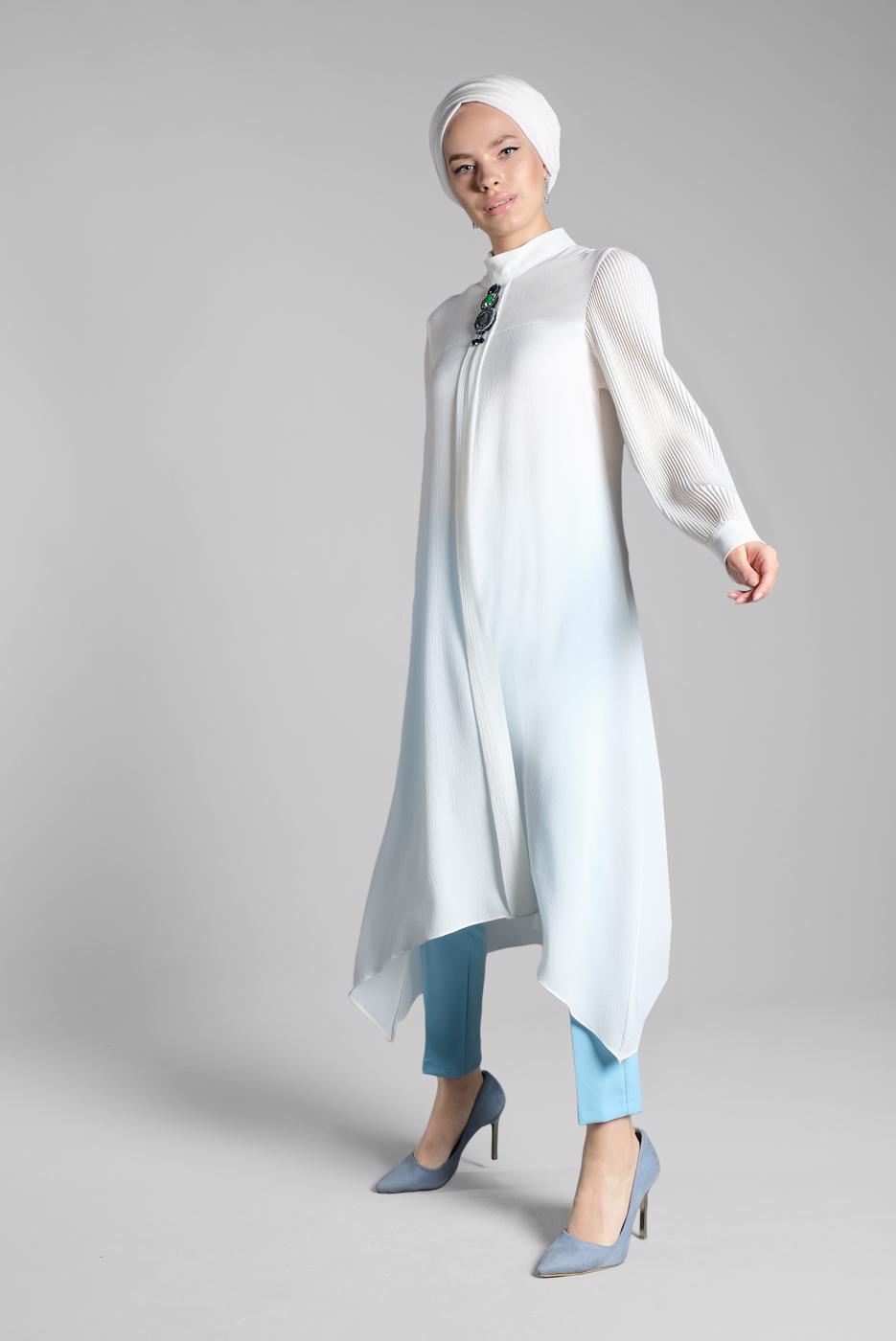 Tesettür giyim BEYAZ FİTİLLİ KOL UZUN TUNİK 0722