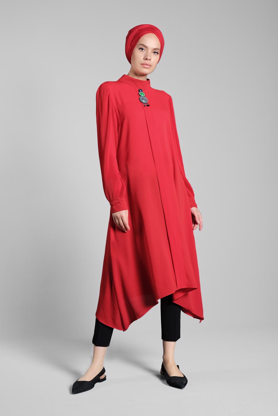 Tesettür giyim KIRMIZI FİTİLLİ KOL UZUN TUNİK 0722