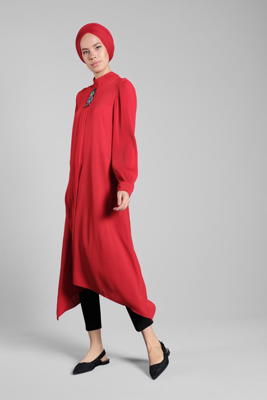 Tesettür giyim KIRMIZI FİTİLLİ KOL UZUN TUNİK 0722