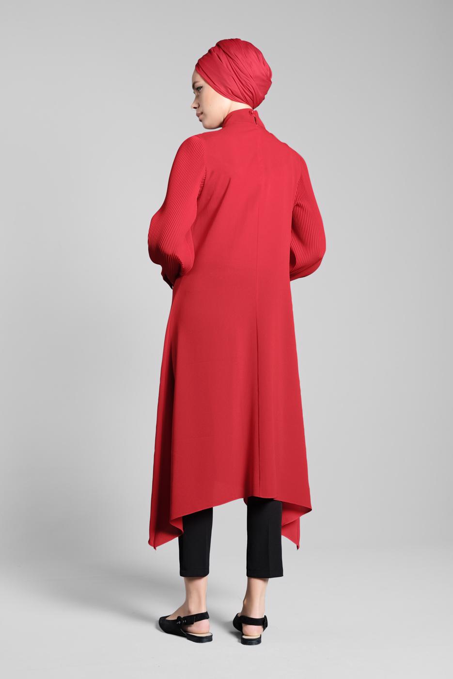 Tesettür giyim KIRMIZI FİTİLLİ KOL UZUN TUNİK 0722