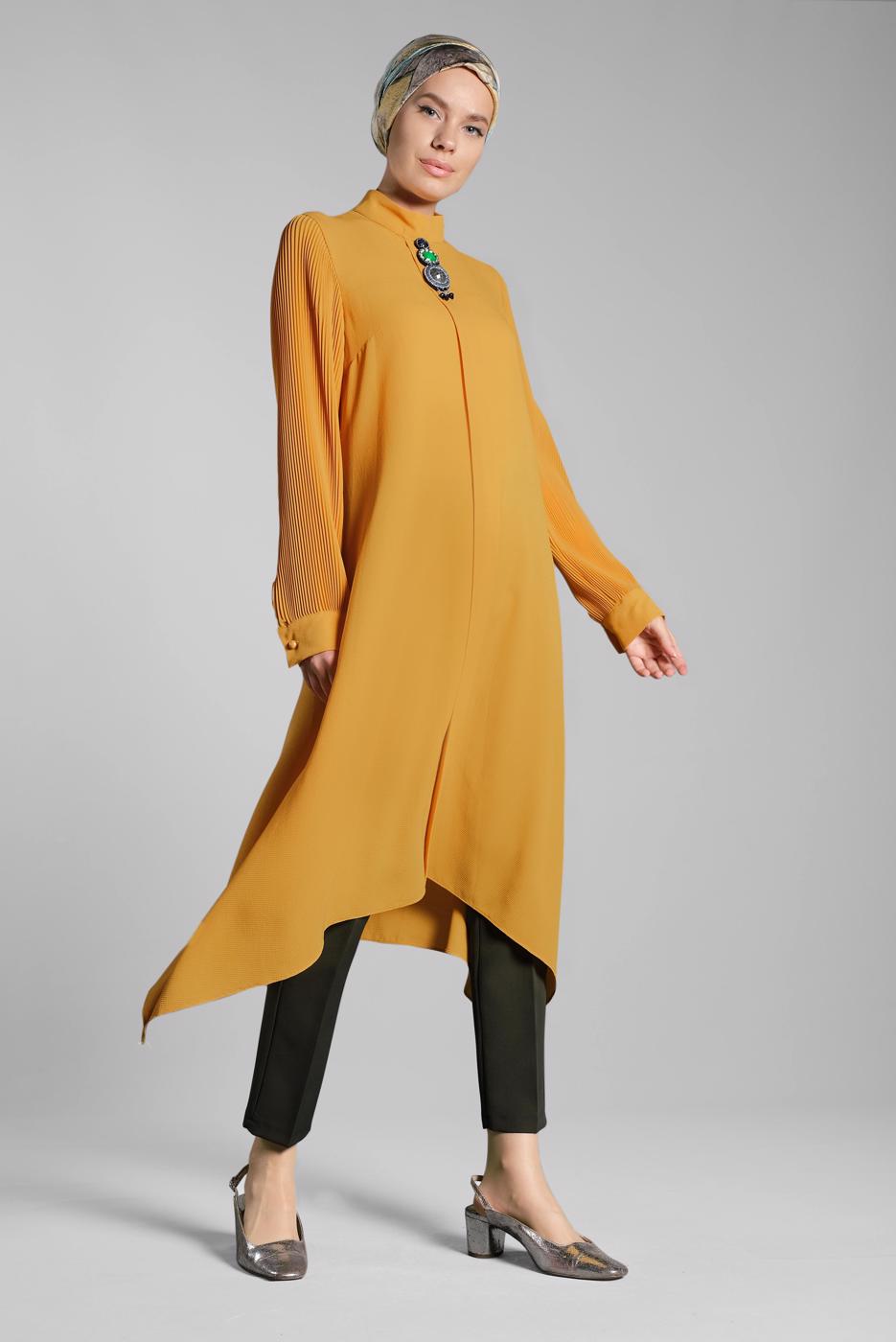 Tesettür giyim SARI FİTİLLİ KOL UZUN TUNİK 0722