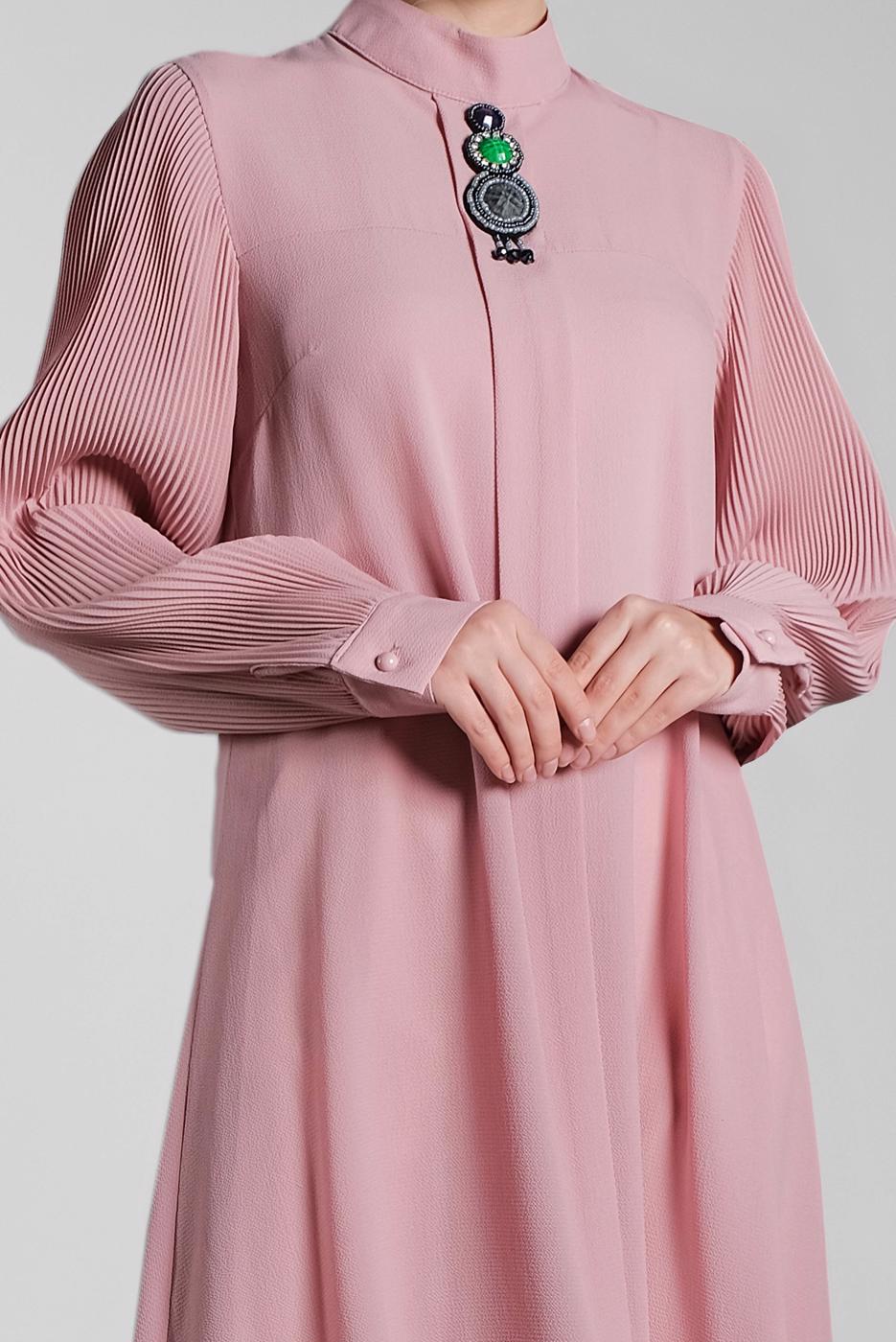 Tesettür giyim PUDRA FİTİLLİ KOL UZUN TUNİK 0722