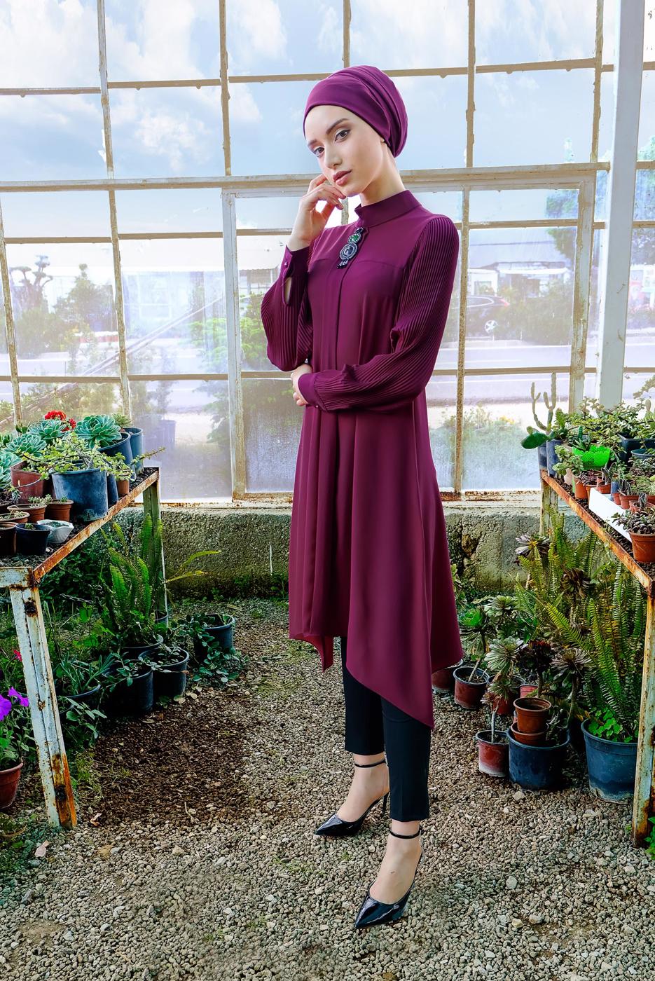 Tesettür giyim MOR FİTİLLİ KOL UZUN TUNİK 0722