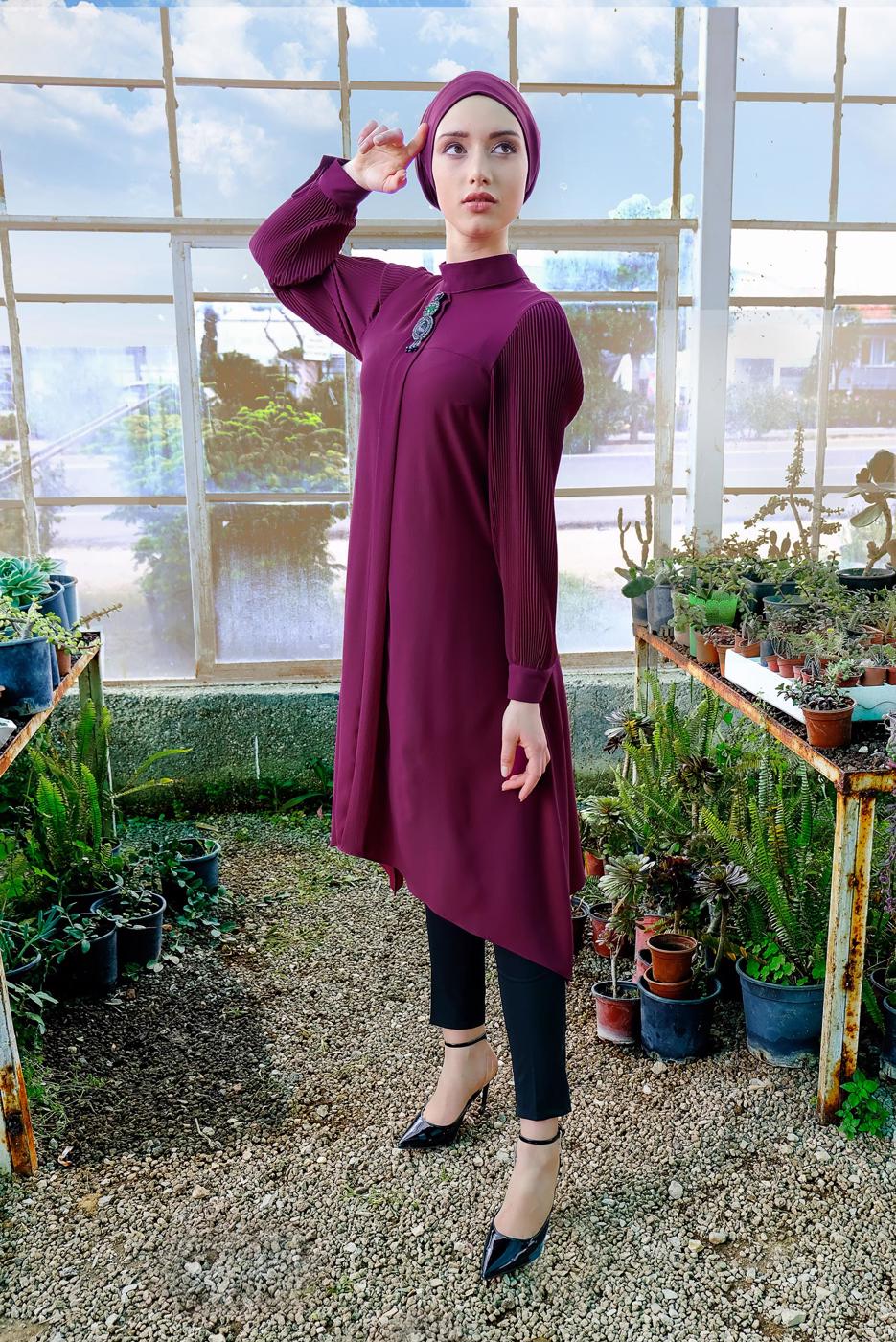 Tesettür giyim MOR FİTİLLİ KOL UZUN TUNİK 0722
