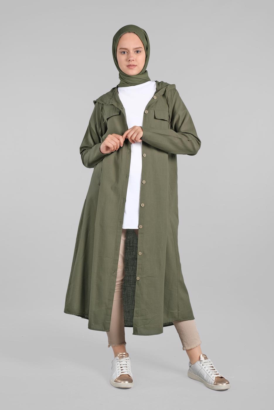 Tesettür giyim HAKİ ÖNDEN DÜĞMELİ UZUN TUNİK 764 