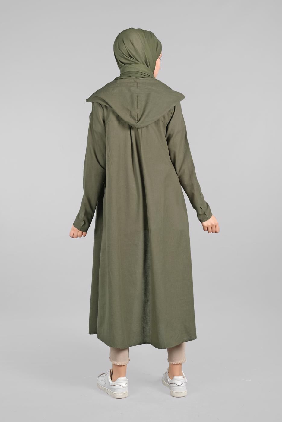 Tesettür giyim HAKİ ÖNDEN DÜĞMELİ UZUN TUNİK 764 