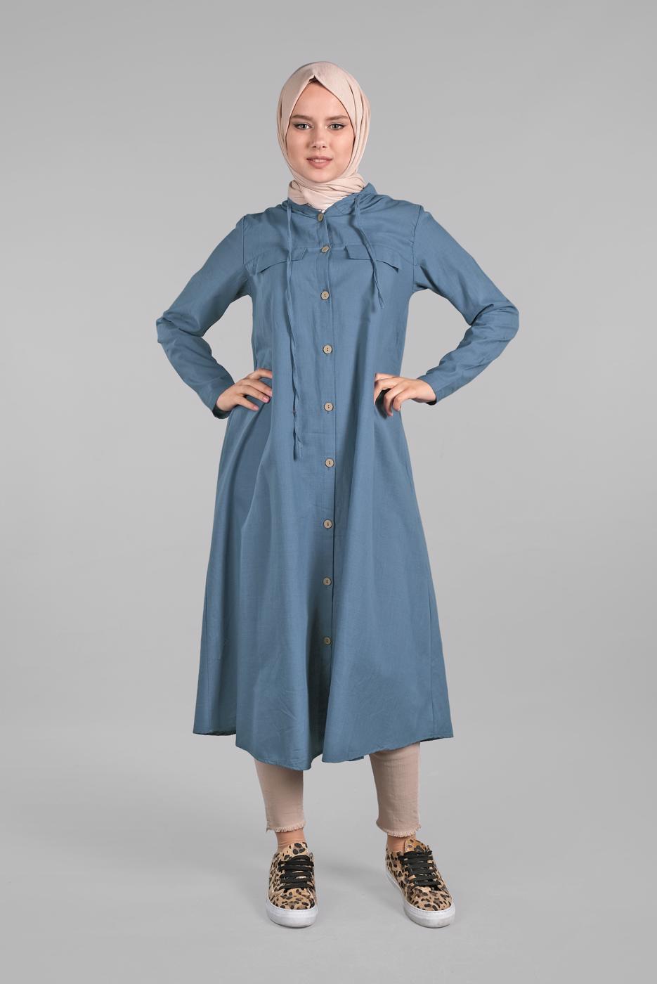 Tesettür giyim LACİVERT ÖNDEN DÜĞMELİ UZUN TUNİK 764 