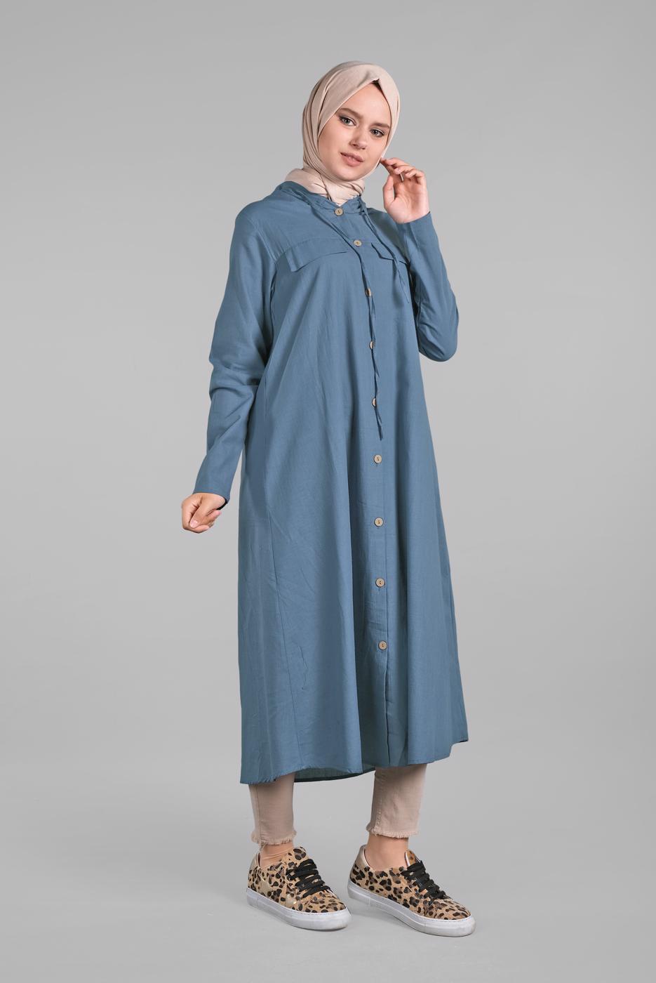 Tesettür giyim LACİVERT ÖNDEN DÜĞMELİ UZUN TUNİK 764 