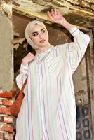 Tesettür giyim KREM ÇİZGİLİ YARASA KOL TUNİK T 0971