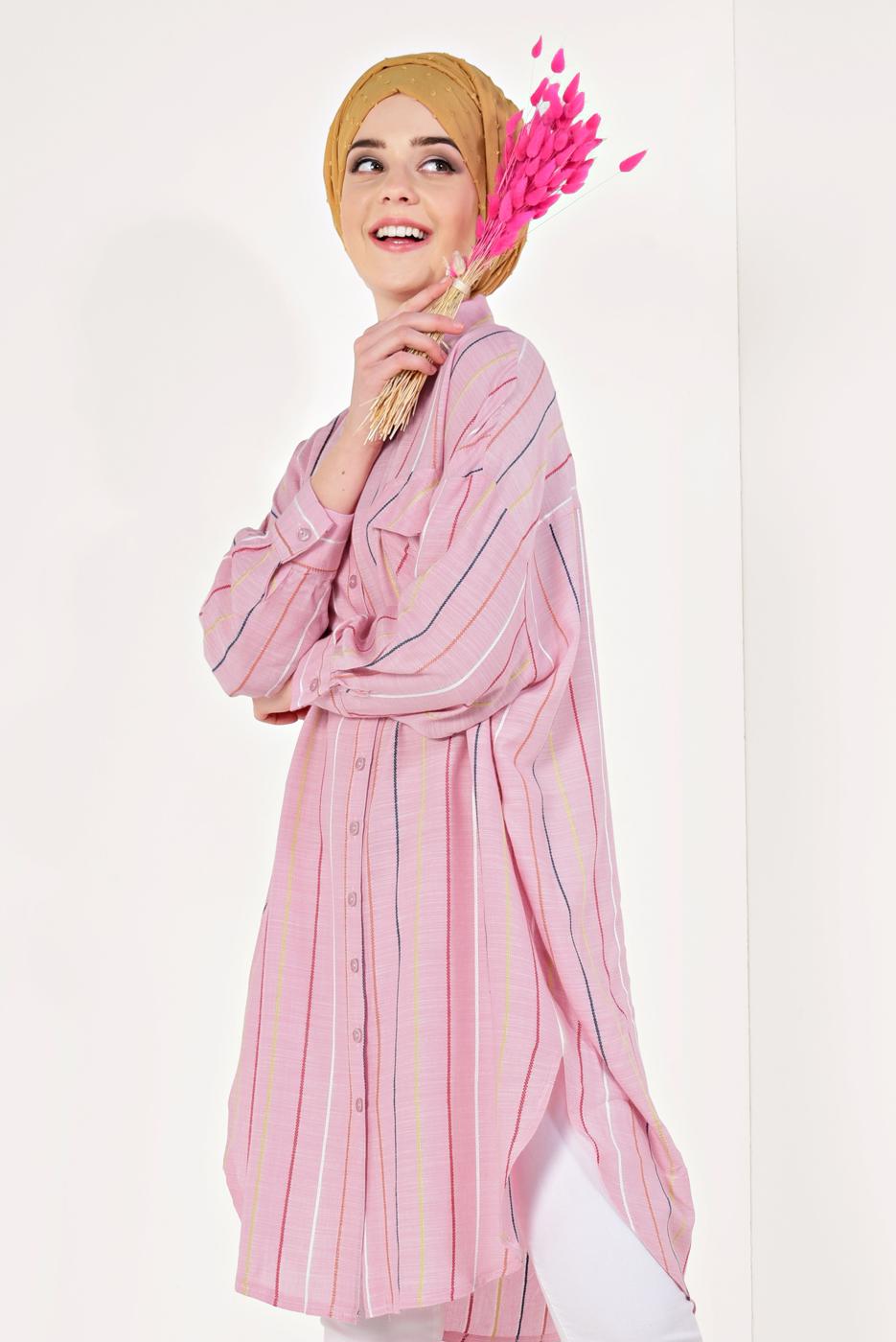 Hijab clothing POWDER VOLUMINOUS STRIPPED SHIRT 0971