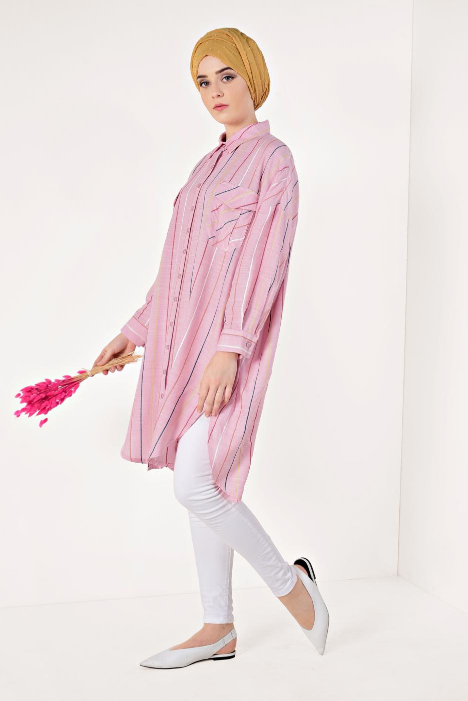 Hijab clothing POWDER VOLUMINOUS STRIPPED SHIRT 0971